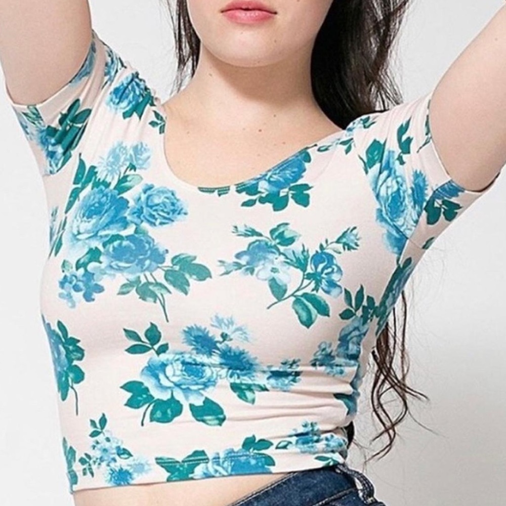 American Apparel Light Blue x light pink crop top with florals roses